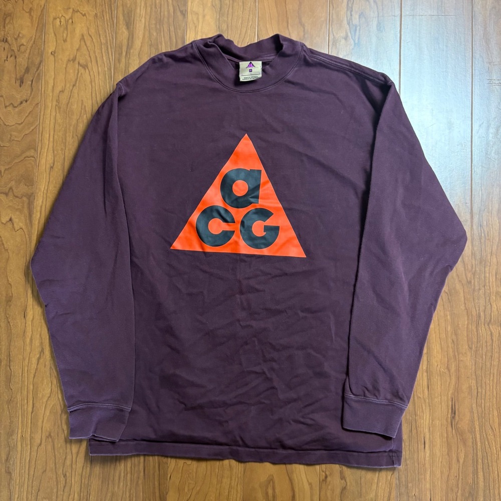 Nike ACG Long Sleeve T-Shirt Mens Medium Burgundy Orange Triangle Logo Mock Neck